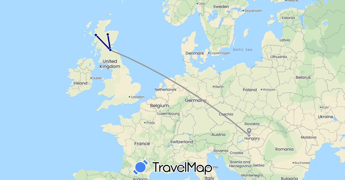 TravelMap itinerary: driving, plane in United Kingdom, Hungary (Europe)